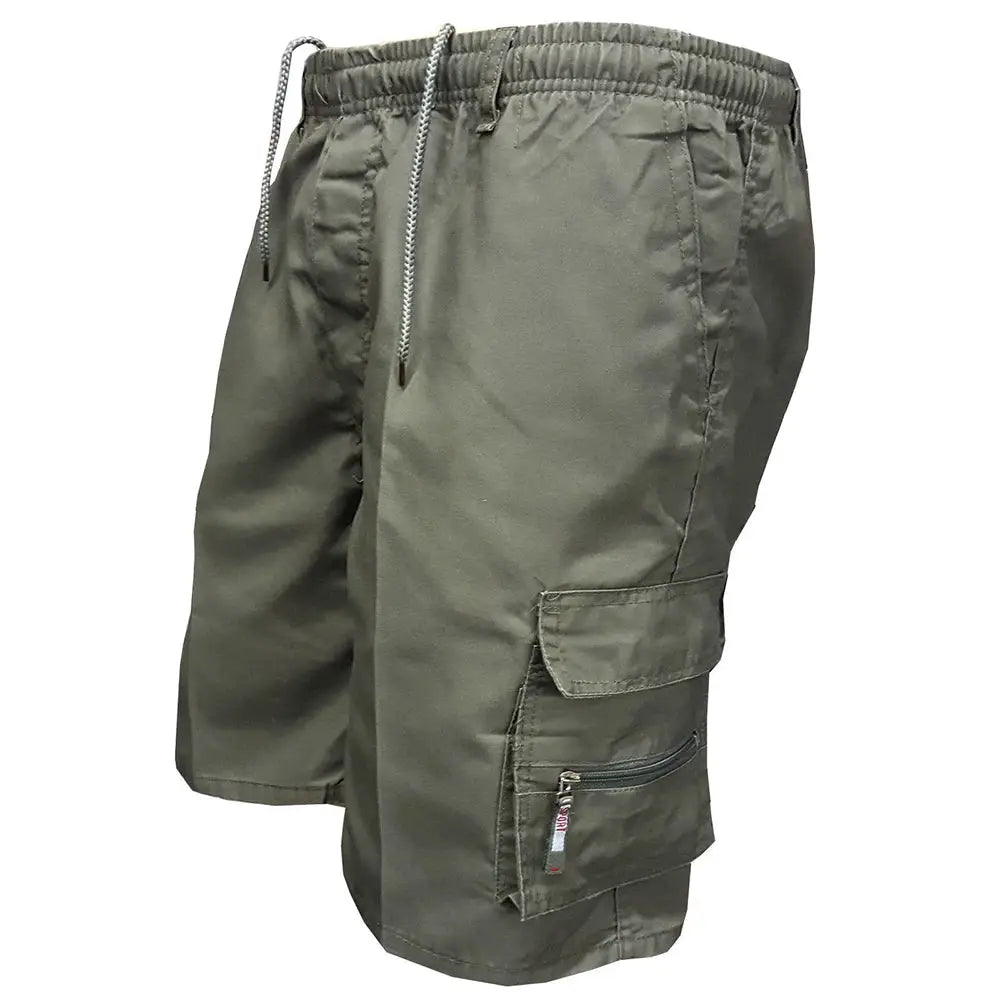 Men's Tactical Cargo Shorts in olive green with cargo pockets and a zip pocket.