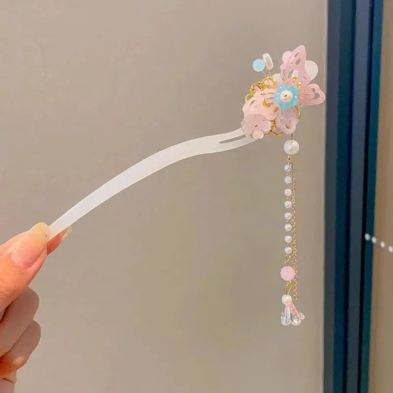 Elegant Chinese Style Romantic Enameled Flower Tassel Hair Clip Alloy Jewelry Hairpin For Women Fashion Accessory