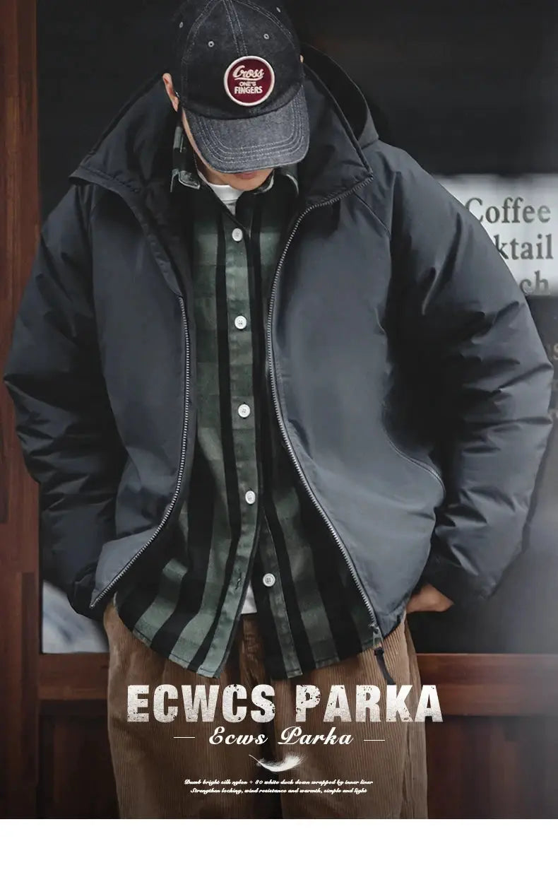 Maden Hooded Down Jacket for Men, black parka by Simples Market; thick insulated outdoor coat