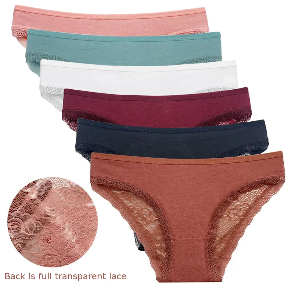 Low-rise lace panties six-pack for women by Simples Market in assorted colors, cotton briefs.