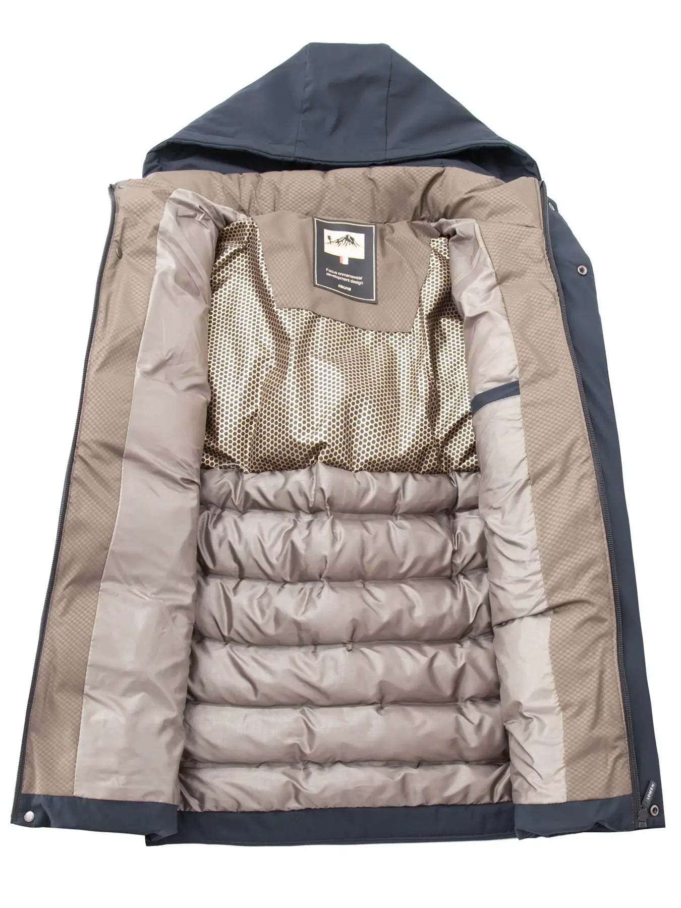 Simples Market men's cotton jacket with navy exterior and beige quilted inner lining, hooded casual outerwear.