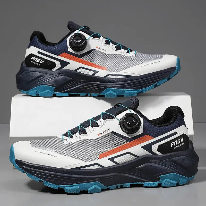 Men's breathable casual sneakers, white/grey with navy accents and teal outsole pair