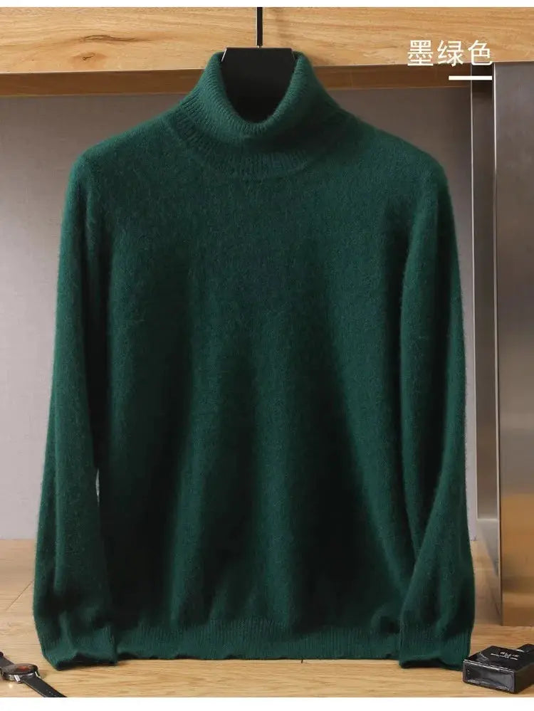 Men's green mink-velvet cashmere sweater with high neck and long sleeves