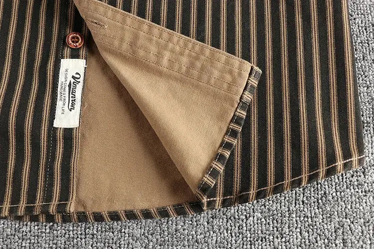 Men's striped long-sleeve shirt with brown-tan retro stripes, tan inner lining, button accents.