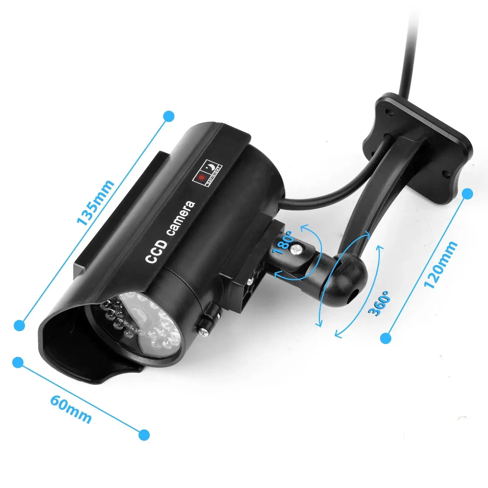 ALARMEST fake CCTV camera by Simples Market; black waterproof dummy with flashing red LED for outdoor indoor use