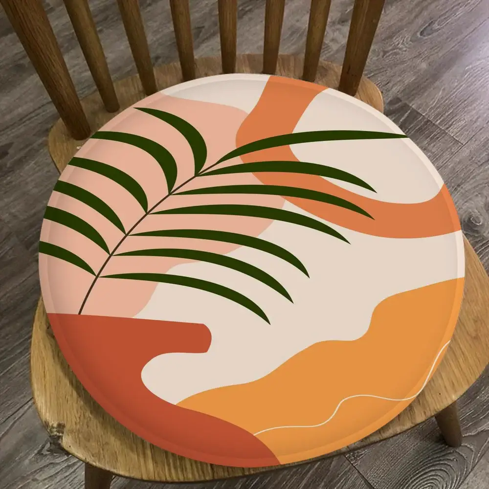 Palm Tree Leaves Art round chair cushion 45x45cm with green fronds on orange-beige background