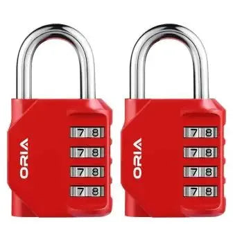 Two red ORIA 4-digit combination padlocks with metal shackles, 2-pack