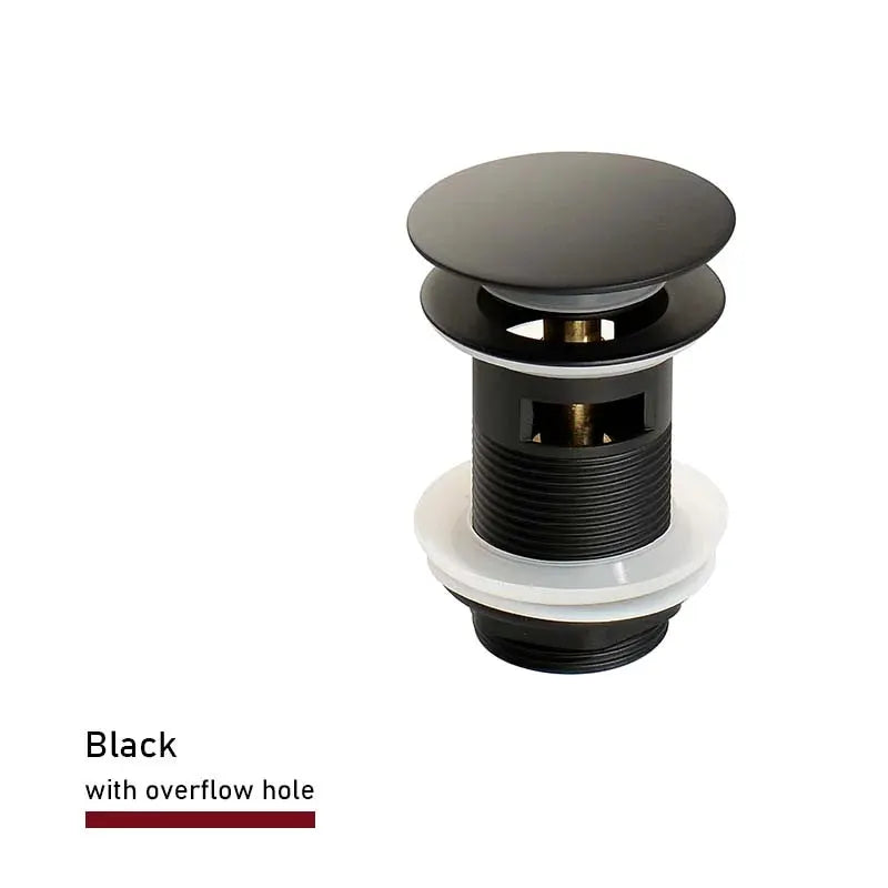 Push-down bathroom sink pop-up stopper drain in black with overflow hole by Simples Market