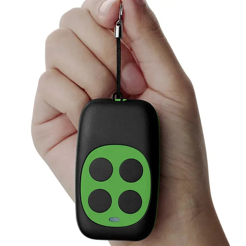 433MHz 4-key remote control key fob with green panel on black case and lanyard