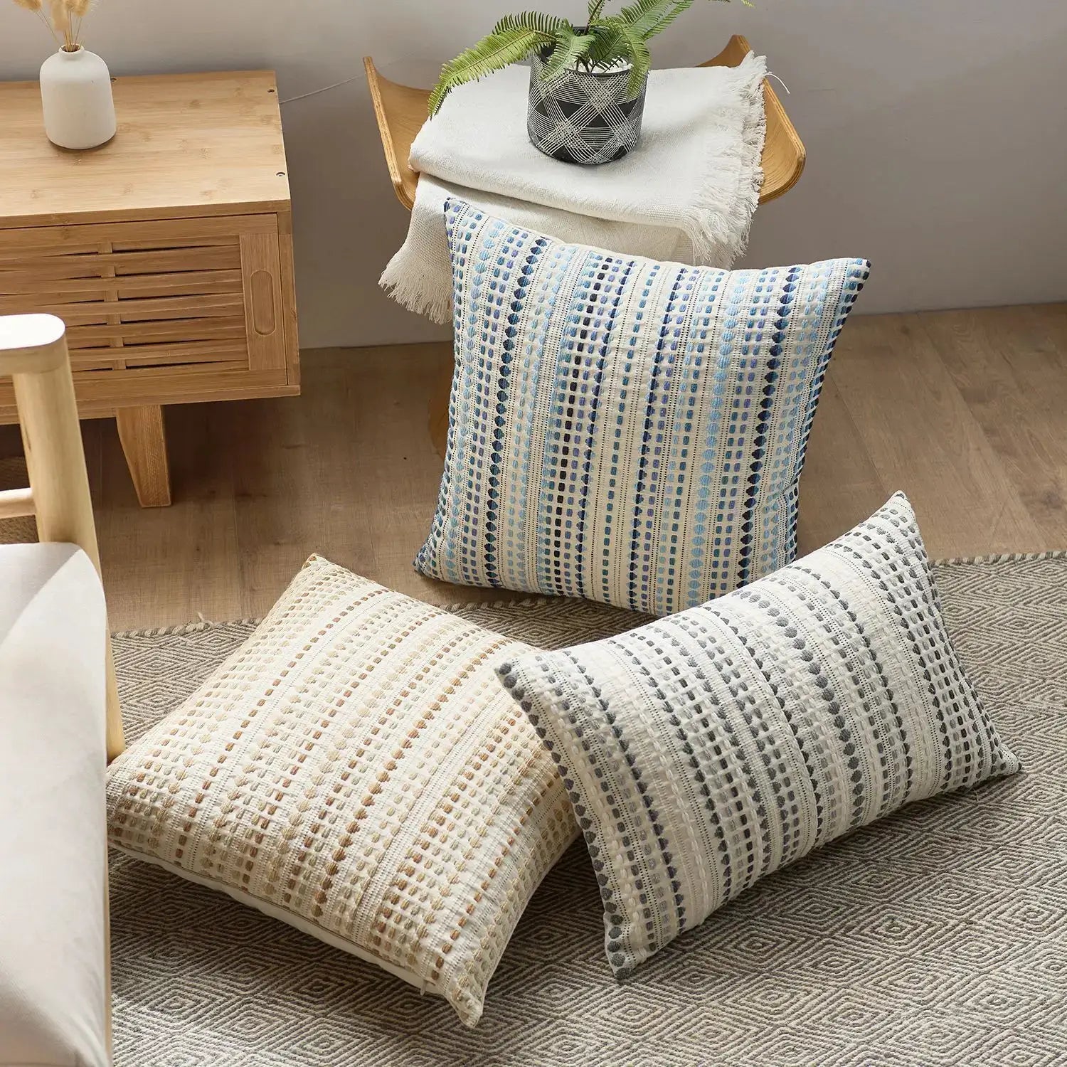 Boho Dots Jacquard cushion cover 45x45cm with zipper closure; blue ivory striped cushions (3 shown)