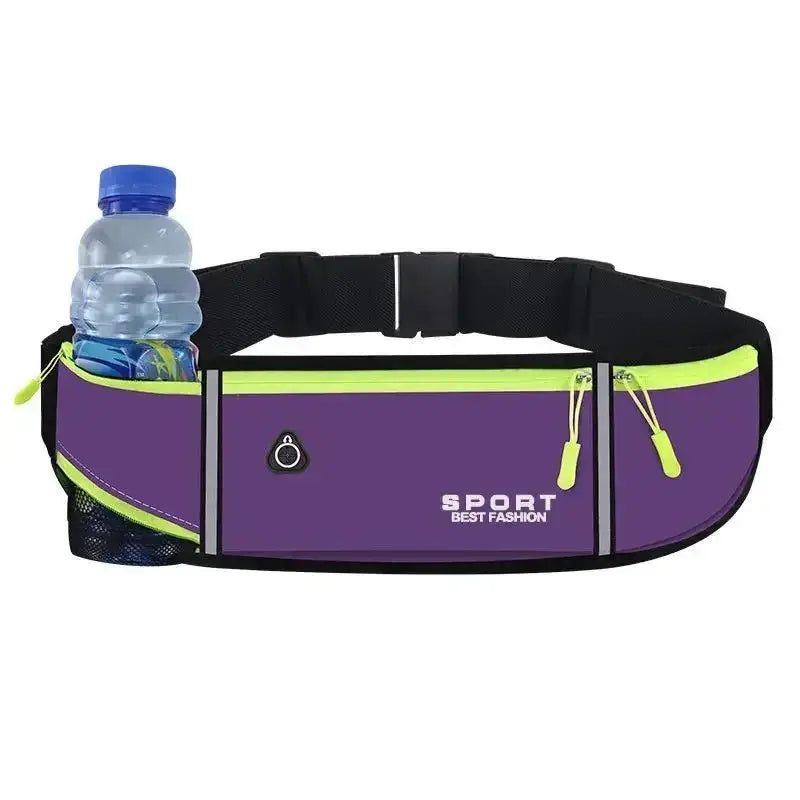 Outdoor running waist bag with purple body, neon lime zippers, bottle holder, three waterproof pockets