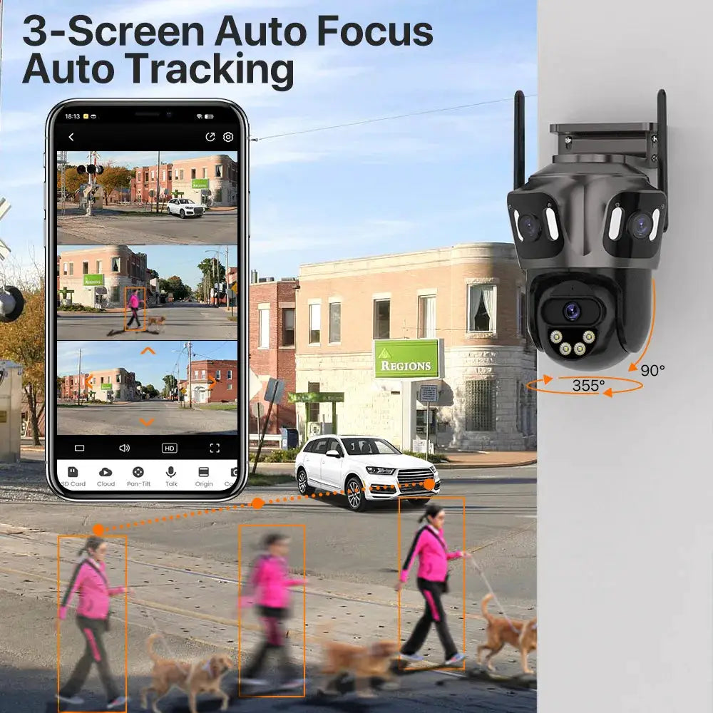 Simples Market 3-Screen Auto Focus outdoor 4K dual-lens PTZ IP camera with AI human detection (IP66 waterproof)
