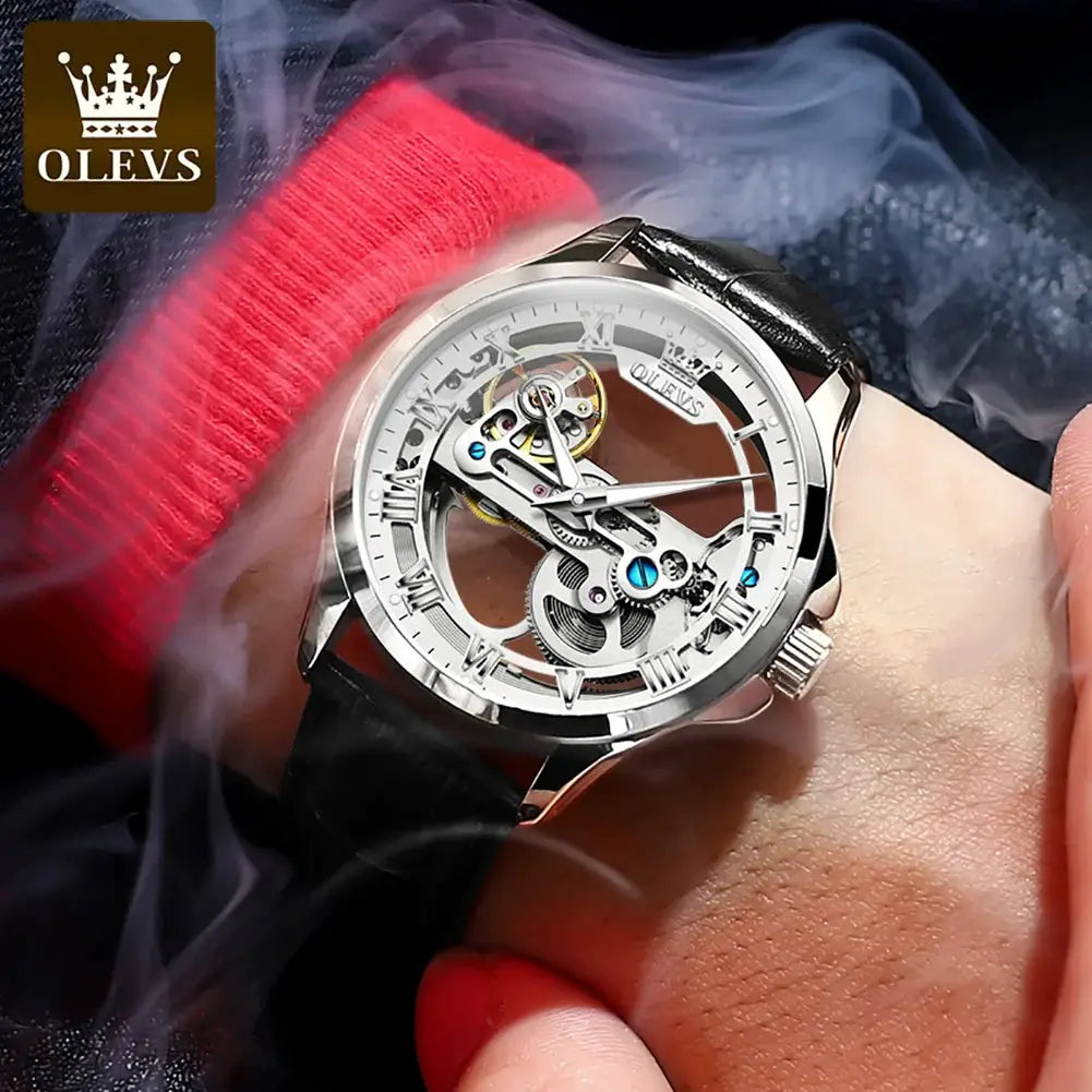OLEVS skeleton dial automatic wristwatch with leather strap, silver case, luminous hands