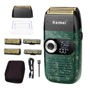 Kemei electric shaver for men with camo green body and digital display; includes replacement heads, USB cable, brush