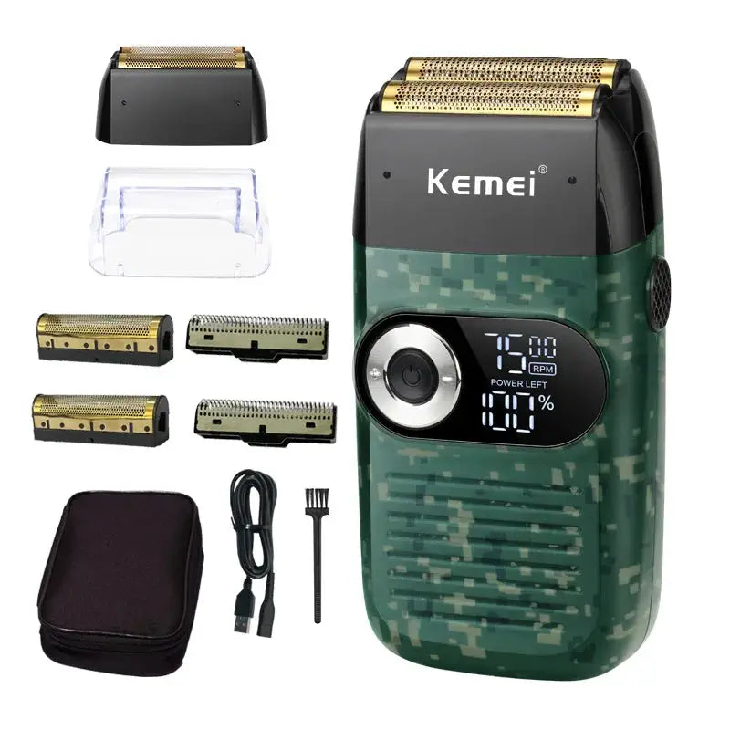 Kemei electric shaver for men with camo green body and digital display; includes replacement heads, USB cable, brush