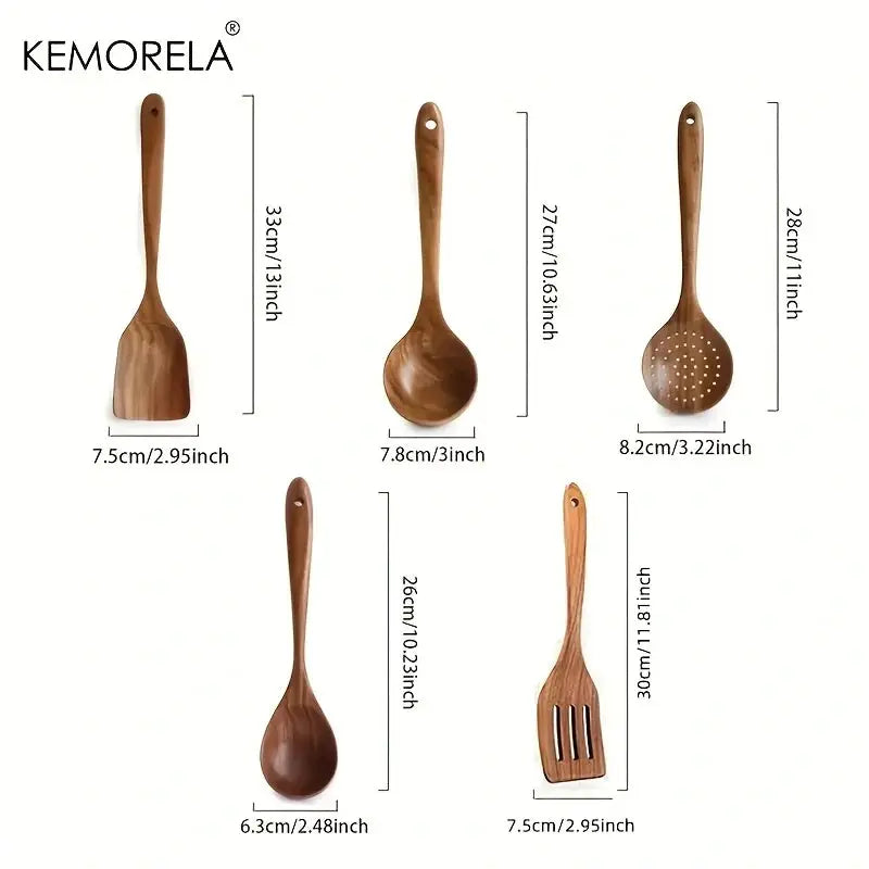 5Pcs Thailand Teak Kitchen Utensils Set Natural Wooden Tableware Ladle Turner Rice Colander Soup Skimmer Scoop