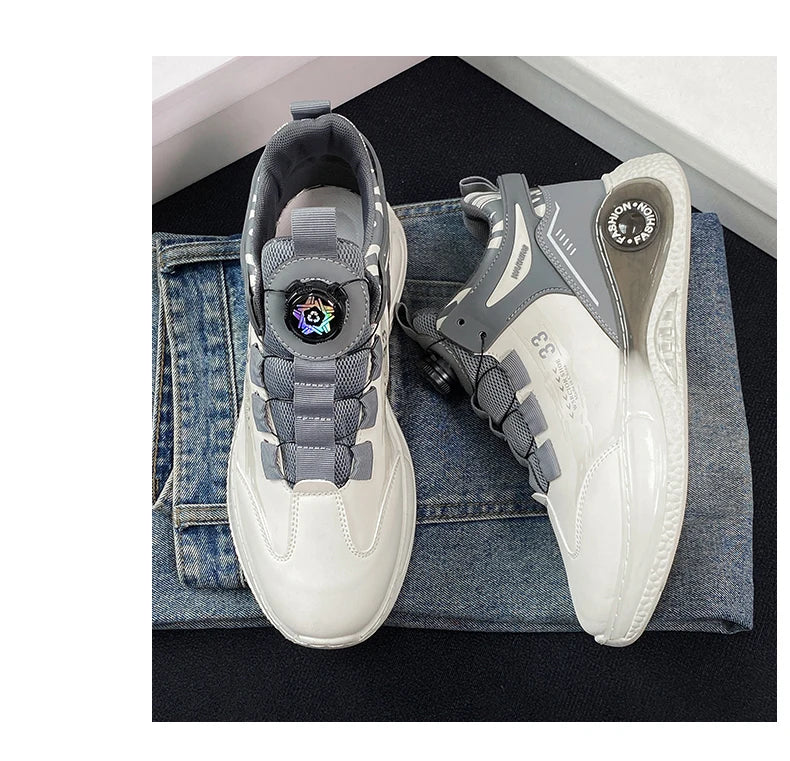 Men's sneakers with rotating buckle by Simples Market, gray and white lace-up pair, non-slip outsole.