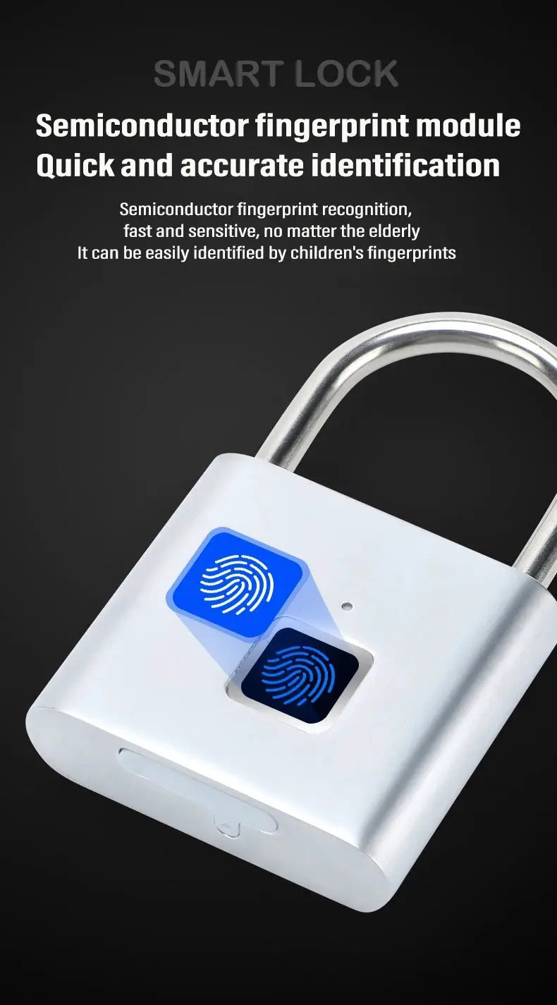 Keyless fingerprint padlock by Simples Market, white USB-charging smart lock with blue fingerprint icons
