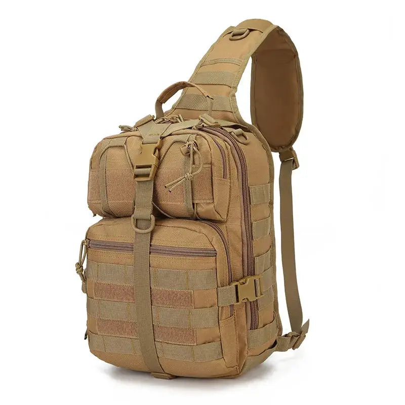 Tactical Military Sling Bag by Simples Market, tan nylon MOLLE crossbody daypack with multiple pockets