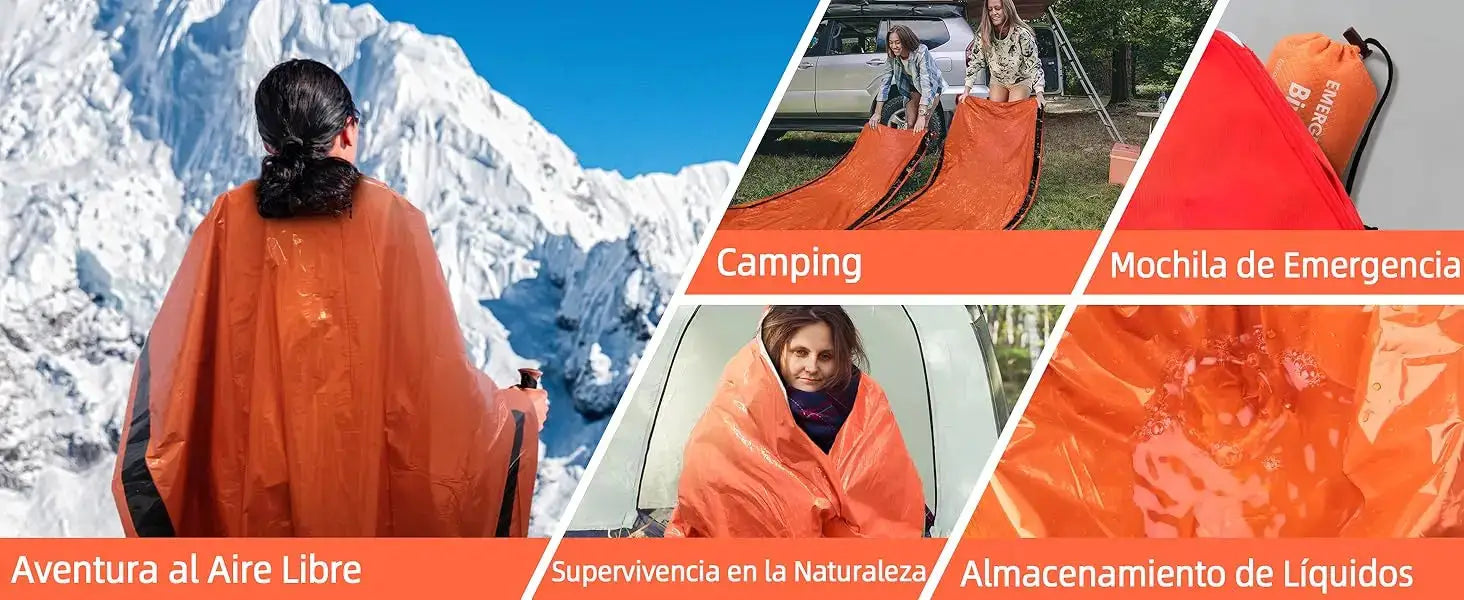 Emergency sleeping bag bivy, orange Mylar blanket, lightweight waterproof camping shelter for hiking