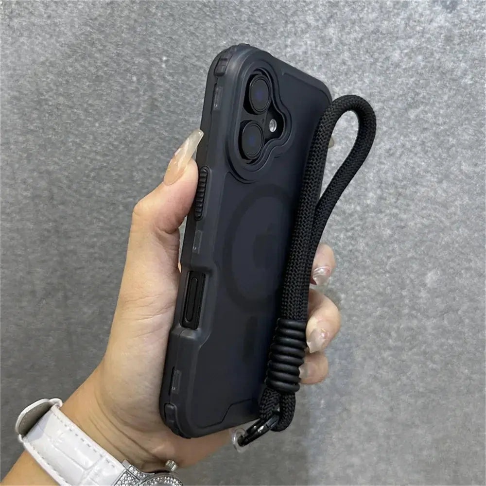 Simples Market Luxury Armour Matte MagSafe phone case with black braided wrist strap for iPhone 17/11/14/12/13/15/16 Pro Max, shockproof.