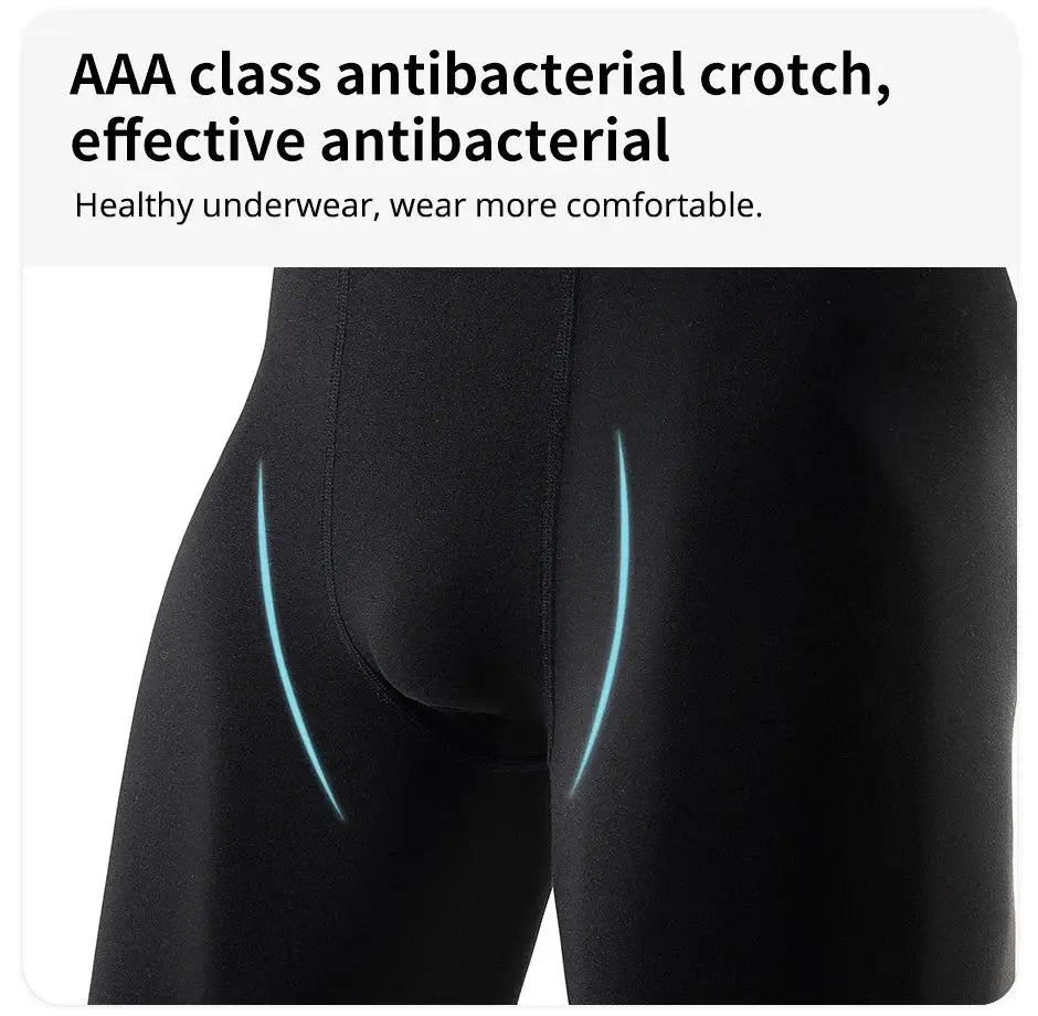 Men's black long sports boxer shorts with blue curved accent lines; compression athletic underwear