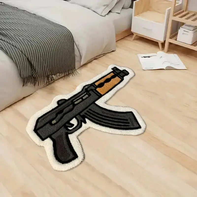 Rug VIKAMA cartoon-style rifle design carpet with black rifle and white outline, slip-resistant bedroom decor.