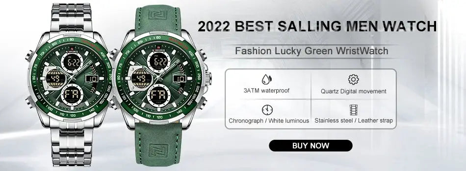 NAVIFORCE men's sport watches set of 2 with green dials; stainless steel bracelet and green leather strap, 3ATM waterproof