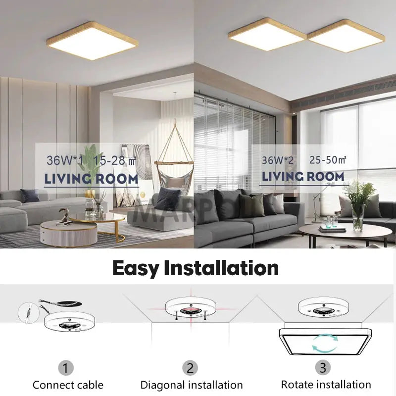 MARPOU ultra-thin square wood-grain LED ceiling lights, 2-pack, 220V/110V, Simples Market