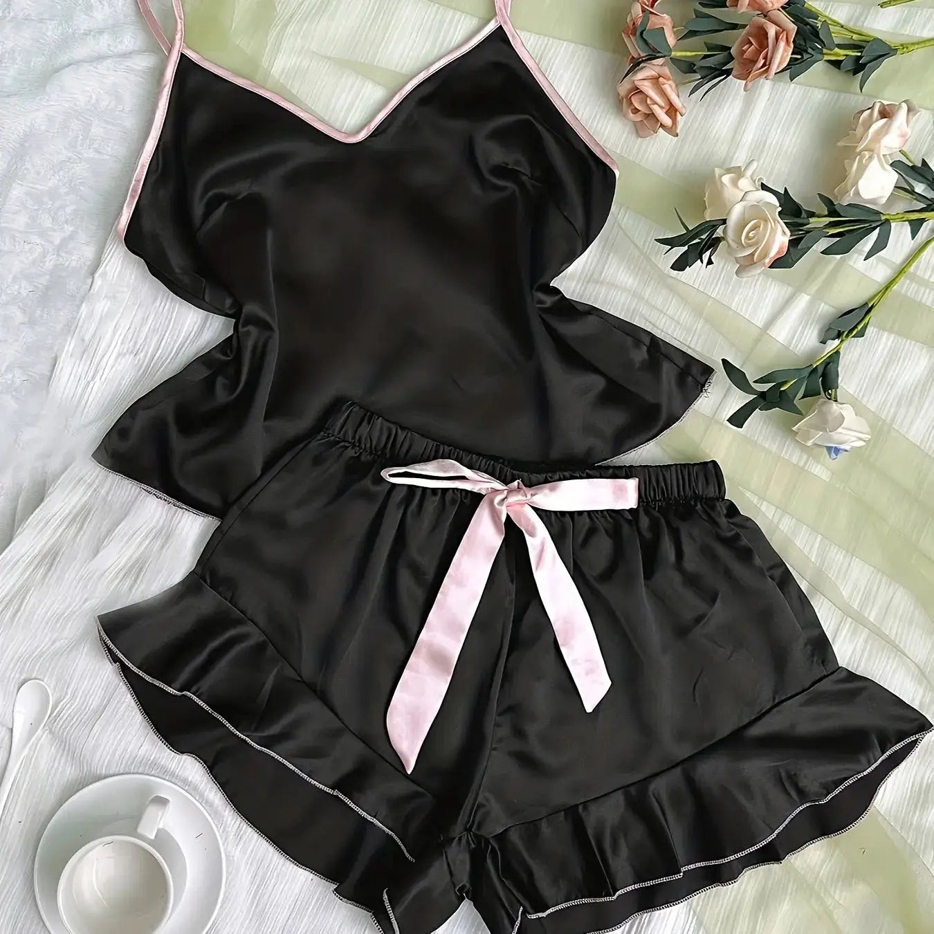 LuxeLuna Satin Pajama Set With Breathable V Neck Top Ruffled Edges And Bow Shorts