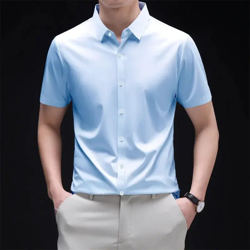 Mens Business Casual Short Sleeved Solid Color Shirt Wrinkle Resistant Wrinkle Free Comfortable All Season Versatile Top