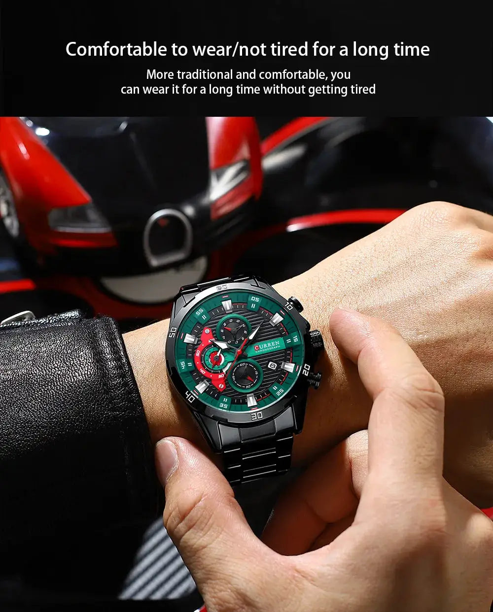 Curren 8402 men's stainless steel watch with green luminous dial and chronograph on black band