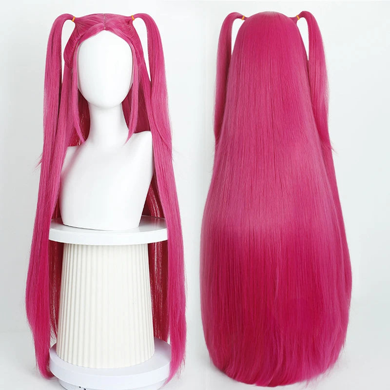 Movie Kpop Anime Cosplay Wig pink-magenta with twin ponytails, long heat-resistant synthetic hair (front and back views)