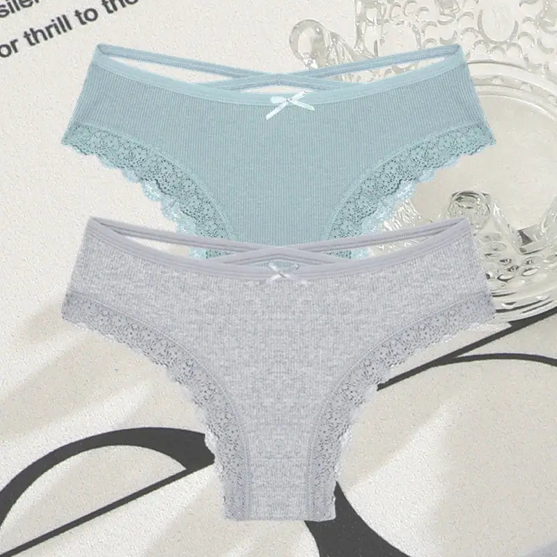 Simples Market 2-pack cotton panties with lace trim, Brazilian briefs for women, low-rise, light blue and gray