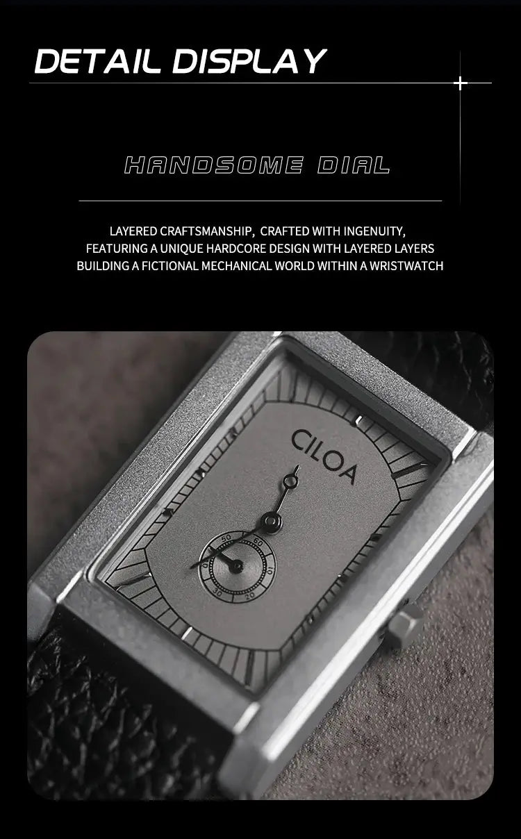 CILOA square casual men's watch with a silver case and black textured leather strap
