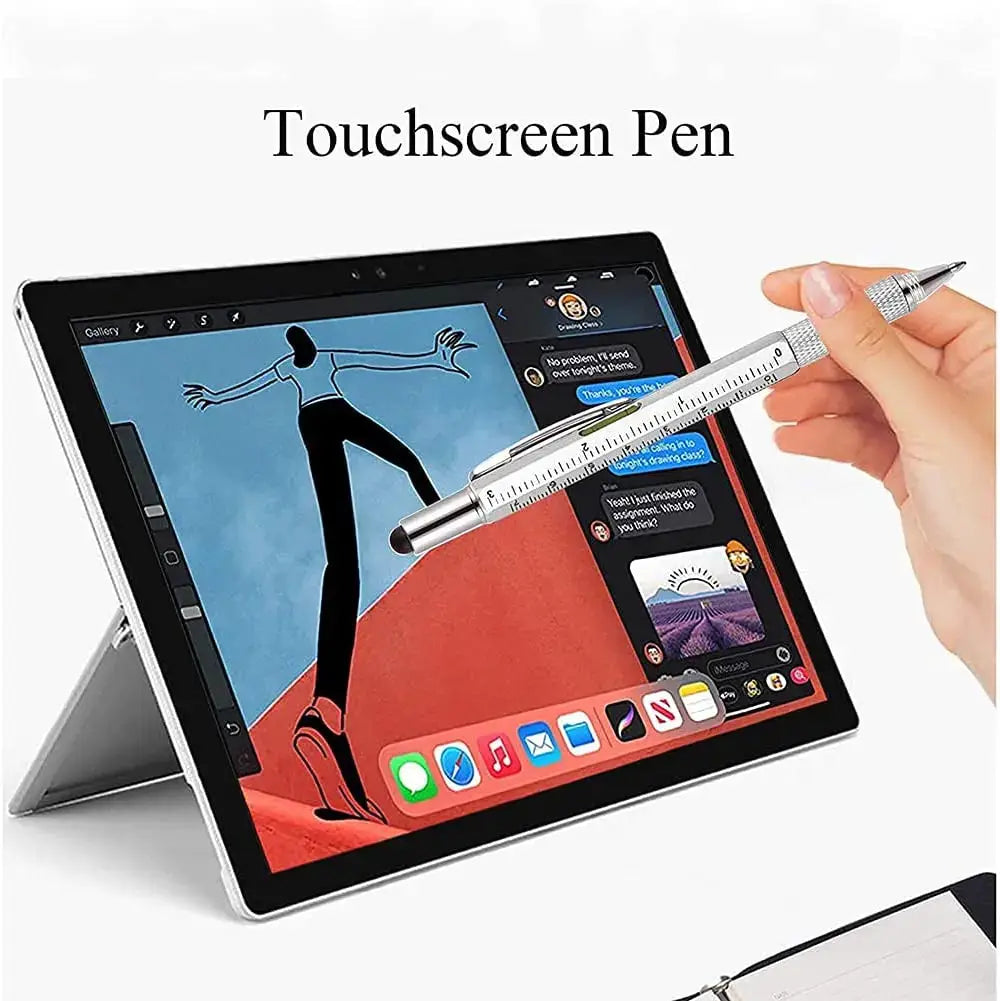 7-in-1 multifunction ballpoint pen with ruler, screwdriver, touchscreen stylus and spirit level in silver metal