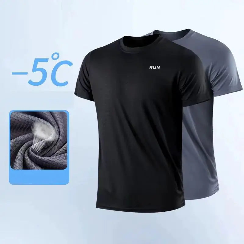 Men's quick-dry moisture-wicking short-sleeve gym T-shirt, black with gray back; two tops shown.