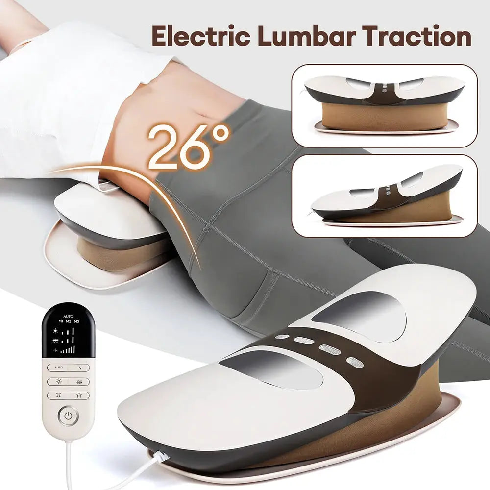 Electric lumbar traction massager by Simples Market with white and brown waist belt and remote control