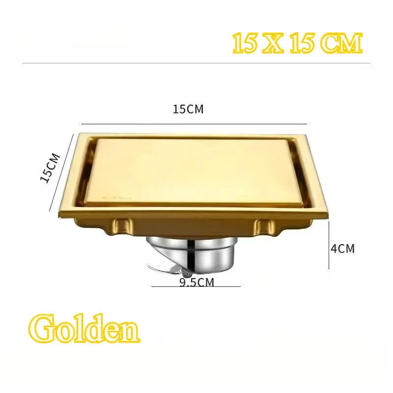 Golden square floor drain with 304 stainless steel base, 15x15 cm, anti-odor drain by Simples Market