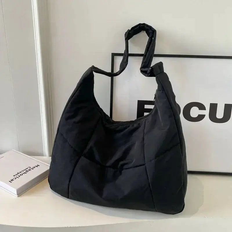 Shoulder bag, black soft-cloth material, large hobo-style crossbody, solid color