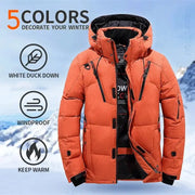 Winter duck down puffer jacket for men, orange hooded windproof coat by Simples Market