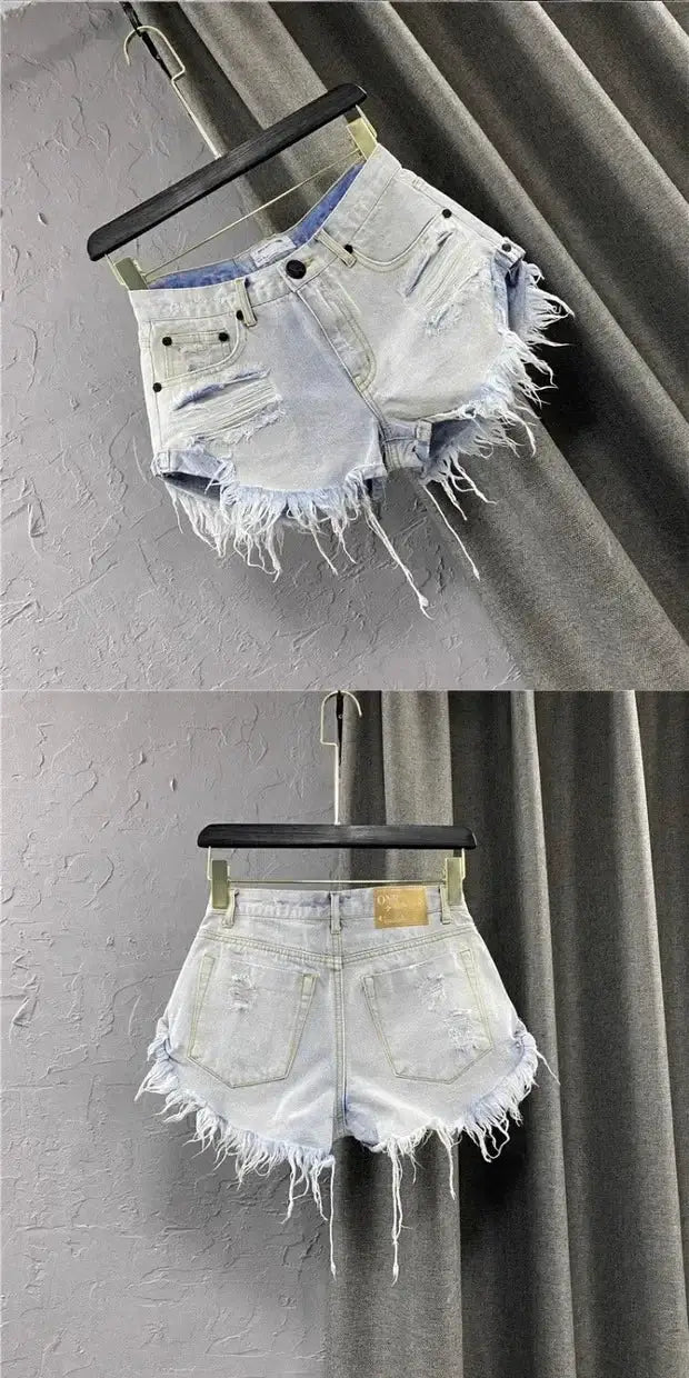 Women’s light-wash distressed denim shorts with ripped fronts and frayed hems