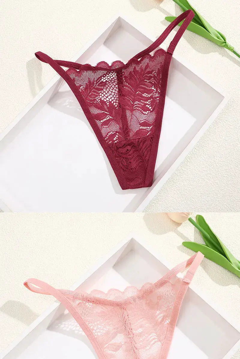 Two-pack lace thongs in burgundy and pink, low-rise women’s lingerie