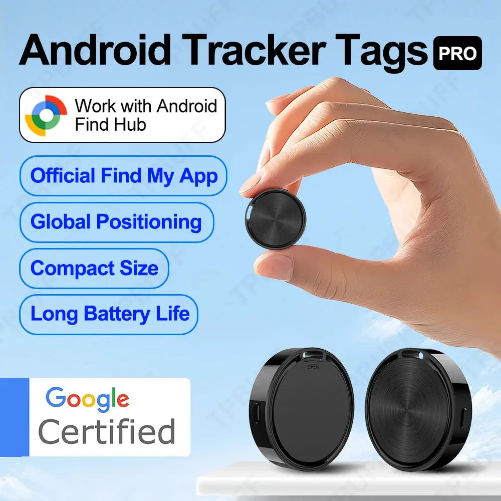 Android Tracker Tags Pro round black GPS trackers; two keychain discs, Google Certified