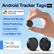 Android Tracker Tags Pro round black GPS trackers; two keychain discs, Google Certified