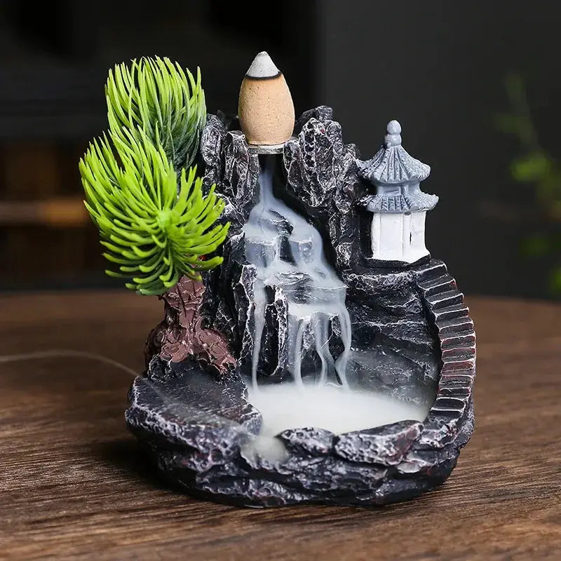 Resin Cascade Backflow Incense Burner With Mountain Waterfall Design For Home Decor And Meditation Gift