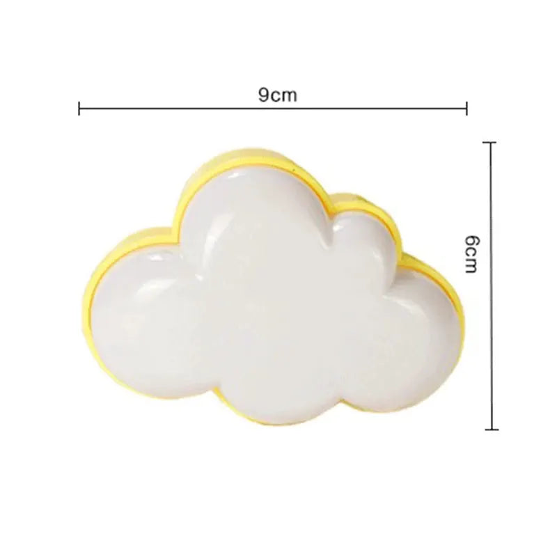 Cloud-shaped LED night light by Simples Market; white body with yellow edge, plug-in motion-sensor lamp.