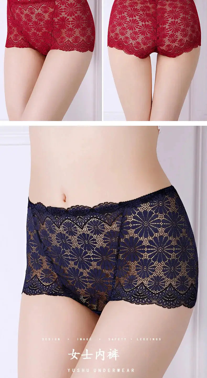 Women's high-waisted lace underwear set in red and navy with floral pattern by Simples Market