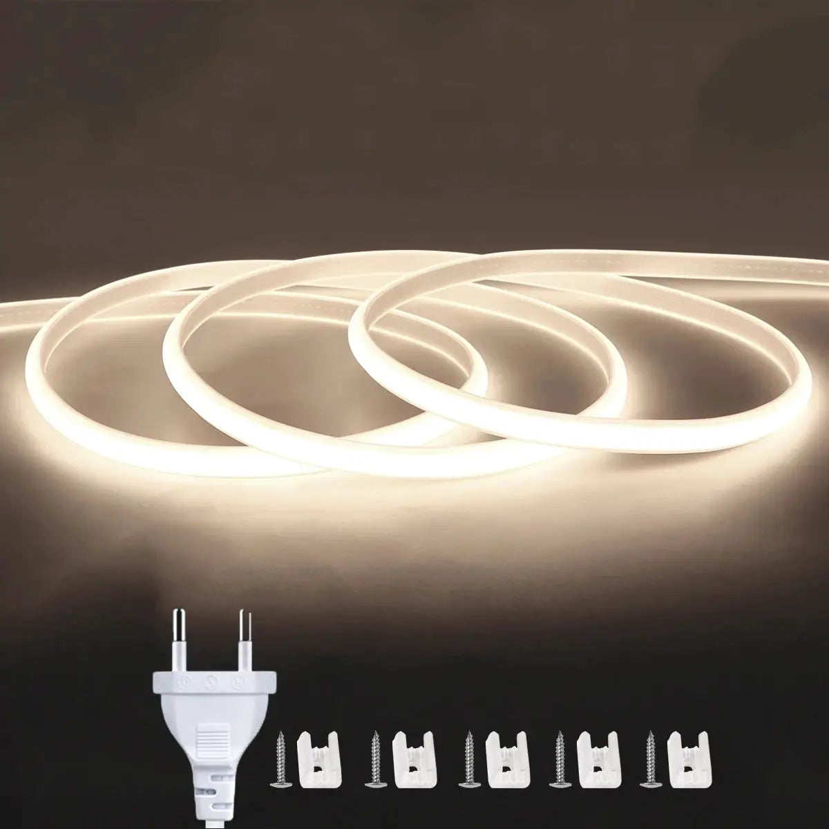 White COB LED strip light with EU plug, flexible 1m–35m length; includes mounting clips and screws for easy installation