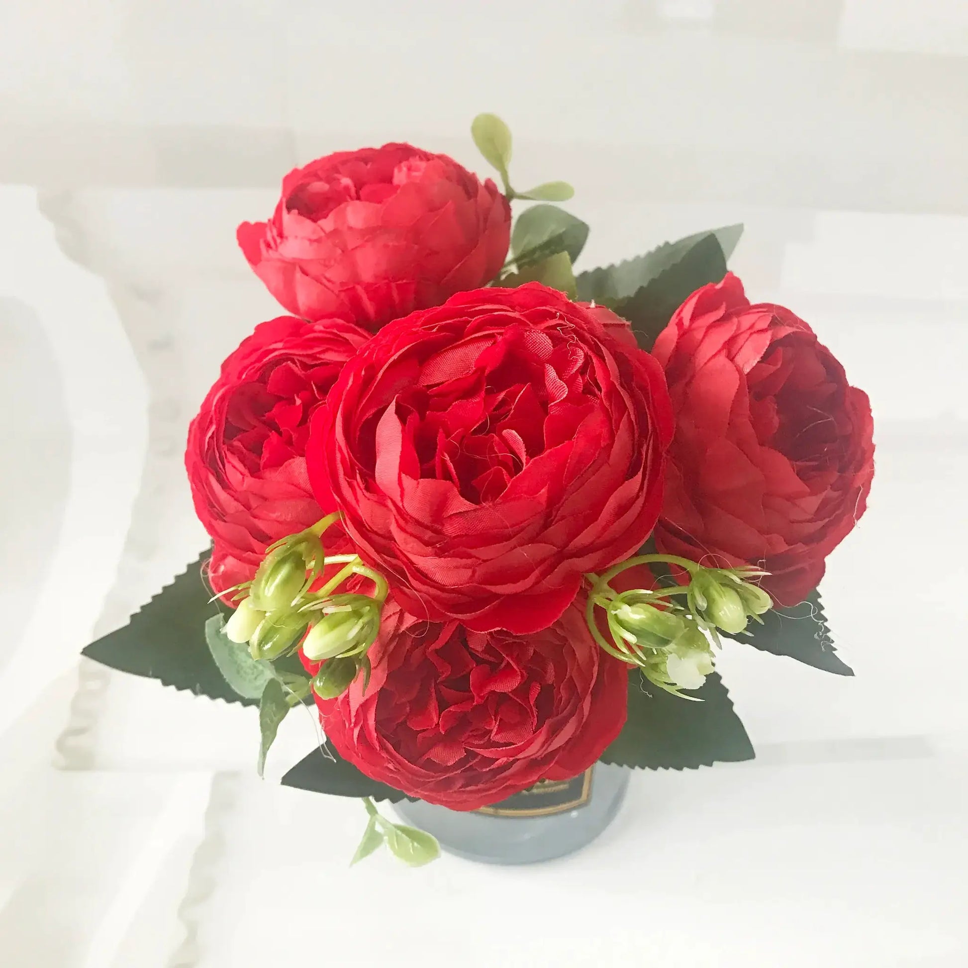 Artificial 30cm rose-pink silk peony bouquet with 5 large blooms and 4 buds